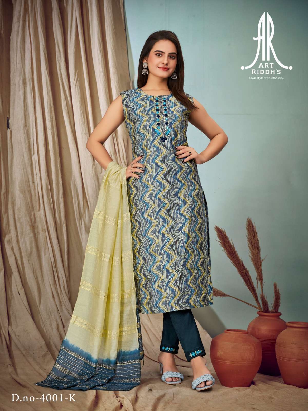 Artriddh 4001 K Modal Chanderi Heavy Katli Work Designer Kurti Pant Dupatta Wholesale surat