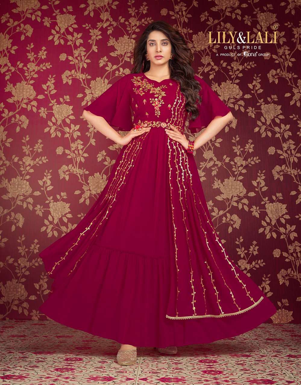 Lily & Lali Rosette Georgette Designer Gown Kurti Wholesale Price