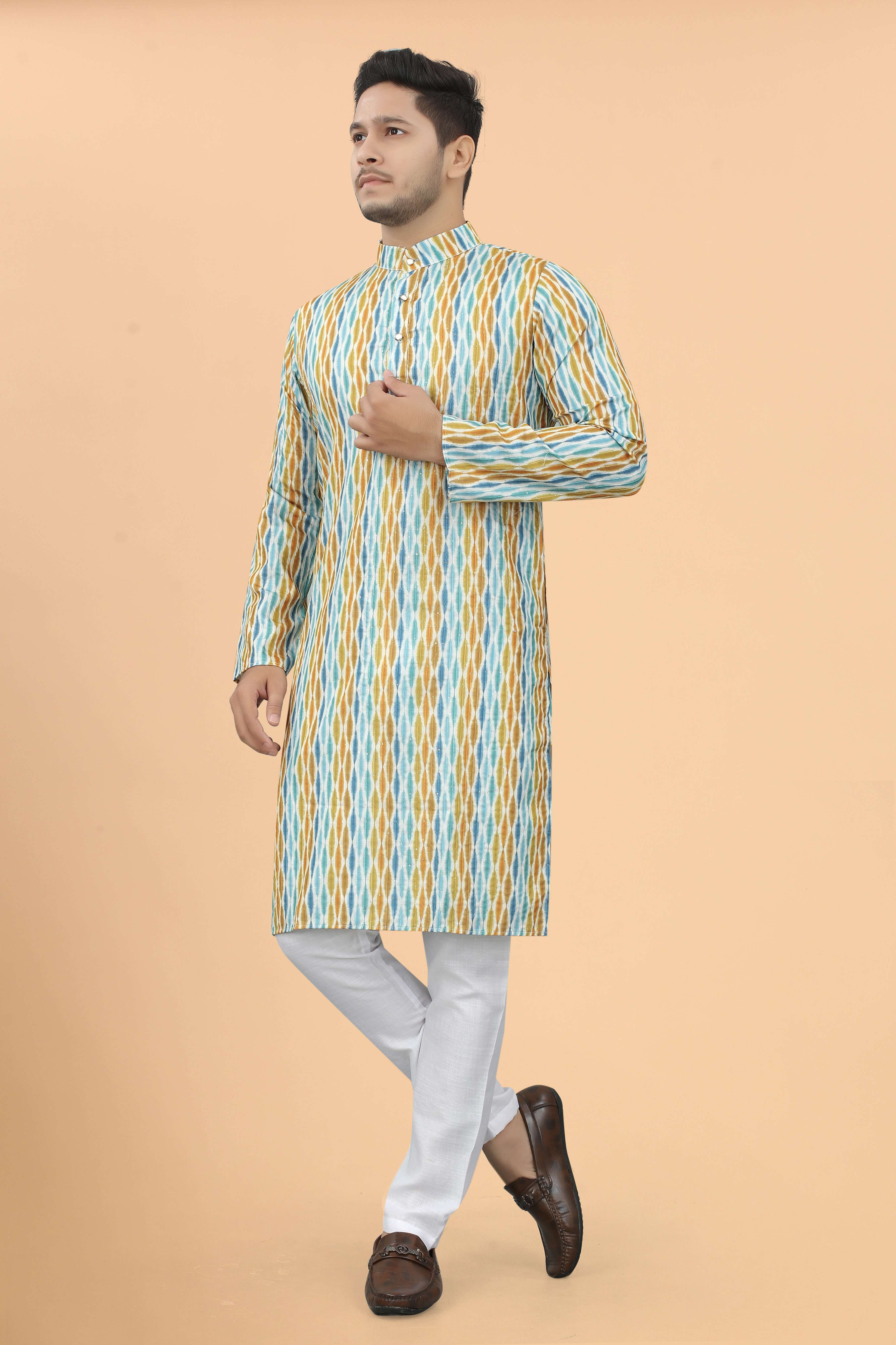 Multyple Crochet Printed Mens Kurta