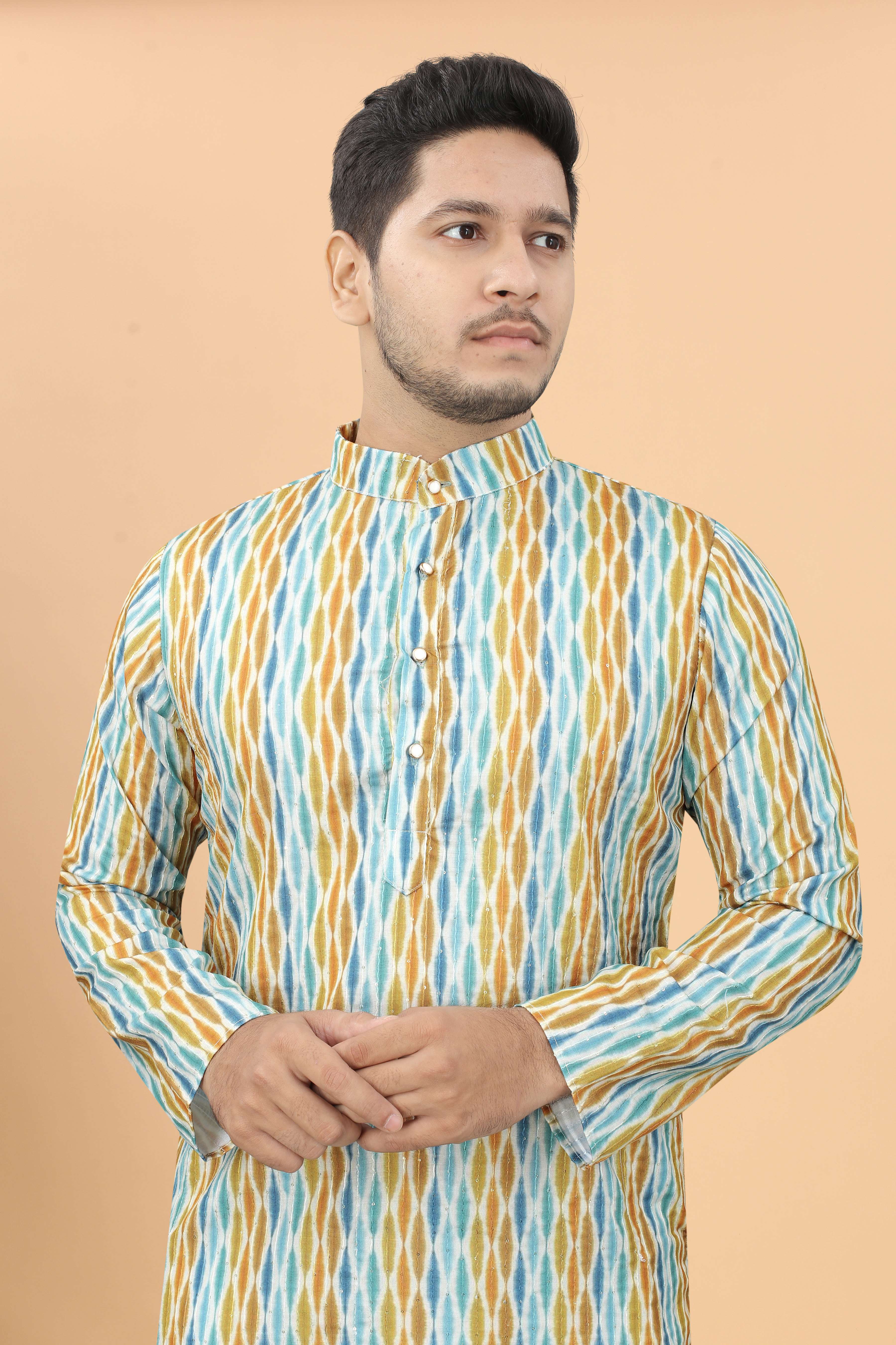 Multyple Crochet Printed Mens Kurta