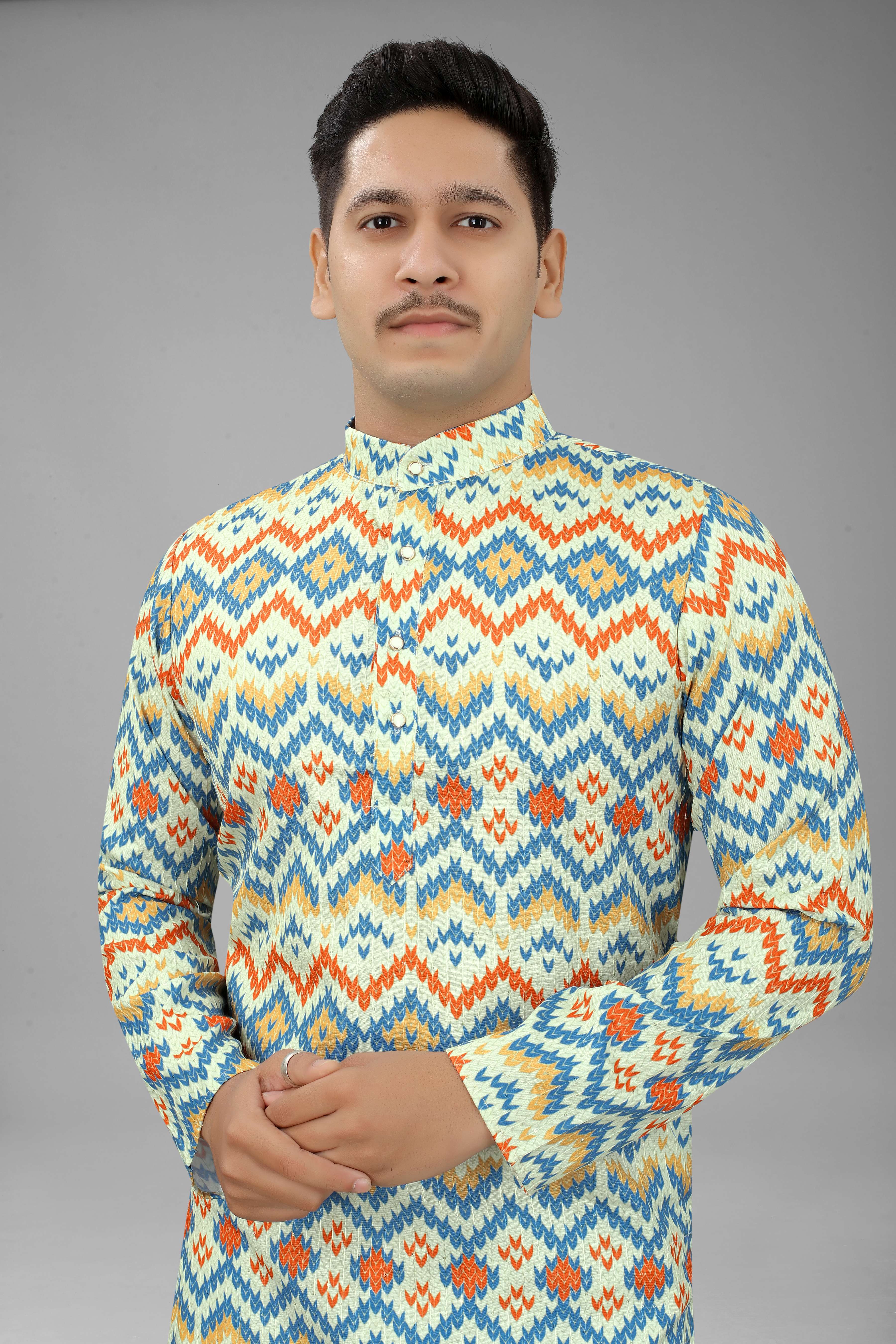 zigzag Multyple Crocet Squins Printed Mens Kurta