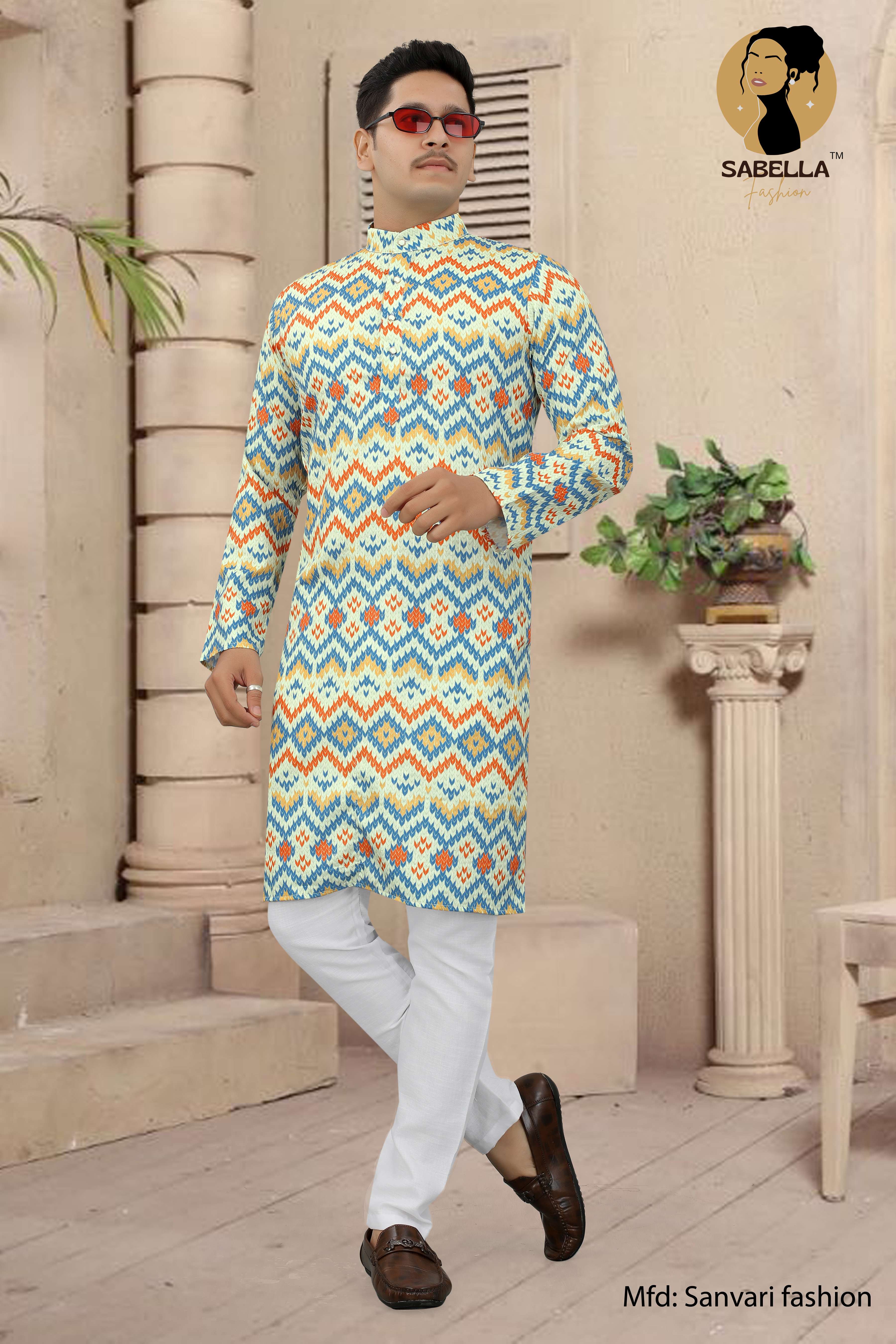 zigzag Multyple Crocet Squins Printed Mens Kurta