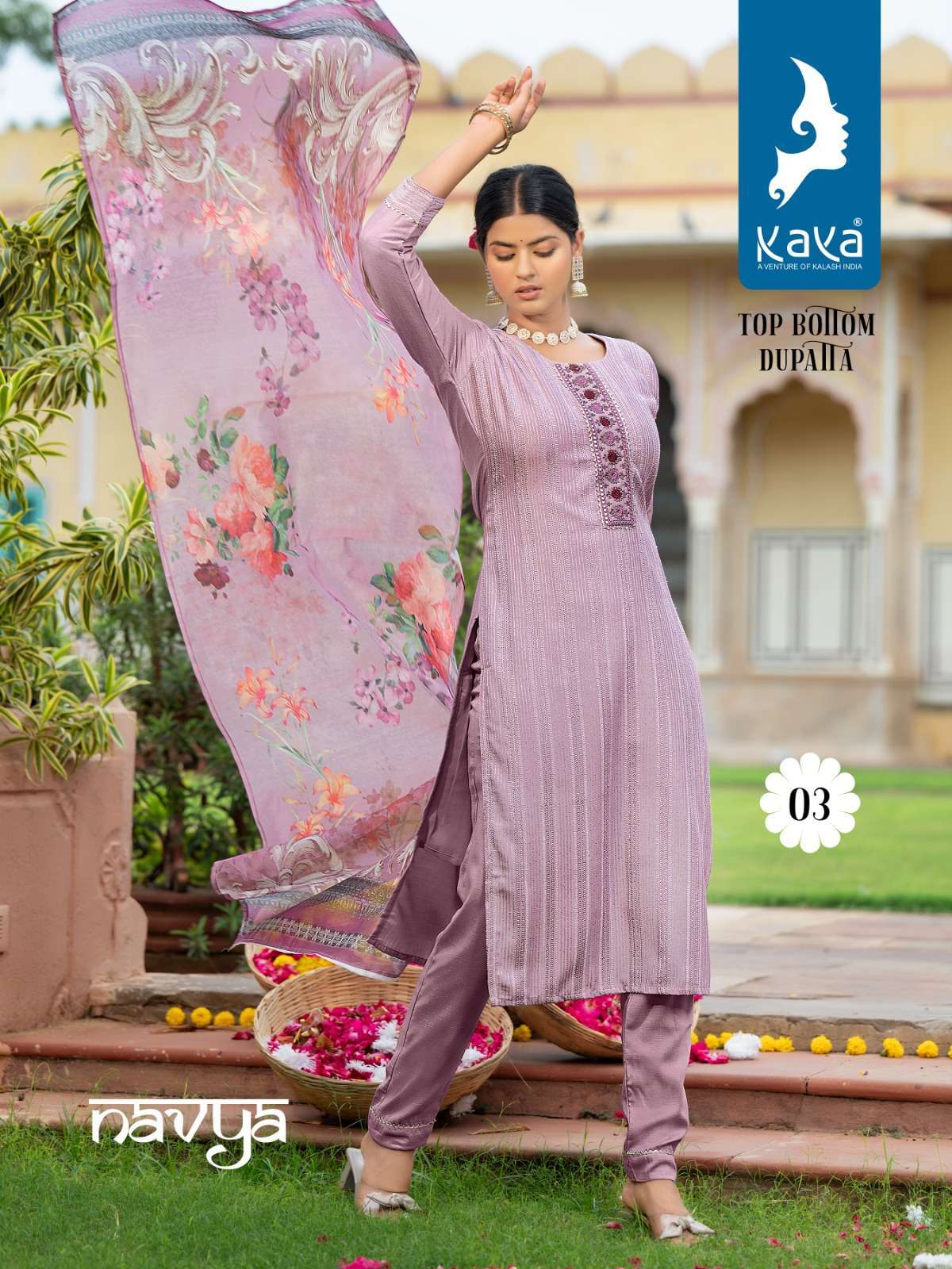 KAYA NAVYA CHINON CROCHET KURTI pant dupatta Wholesale 