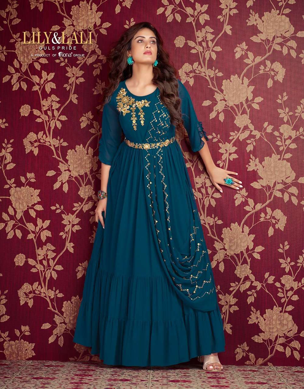 Lily & Lali Rosette Georgette Designer Gown Kurti Wholesale Price