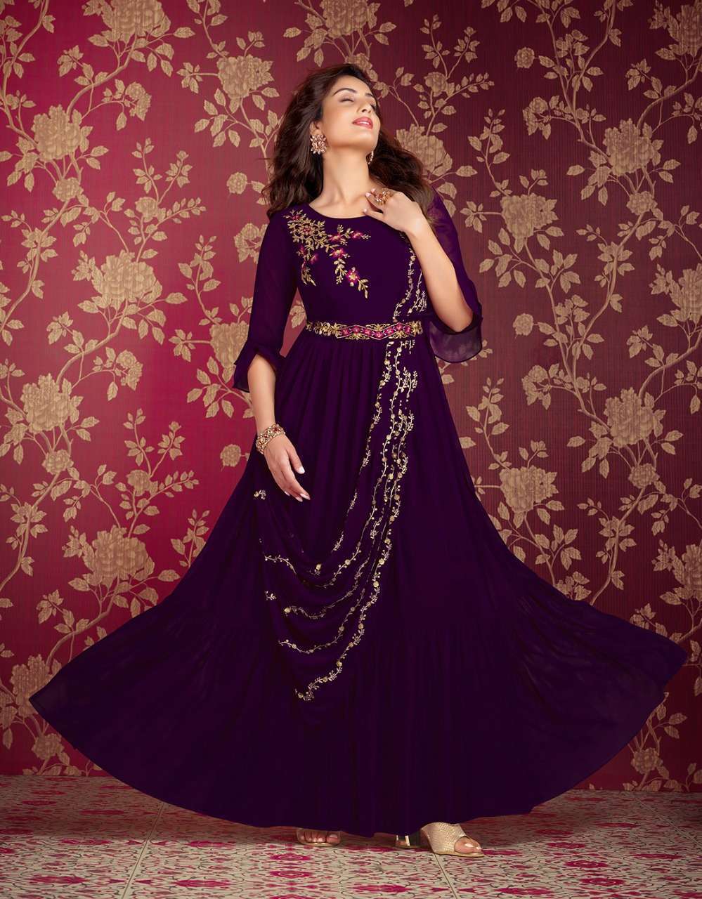 Lily & Lali Rosette Georgette Designer Gown Kurti Wholesale Price