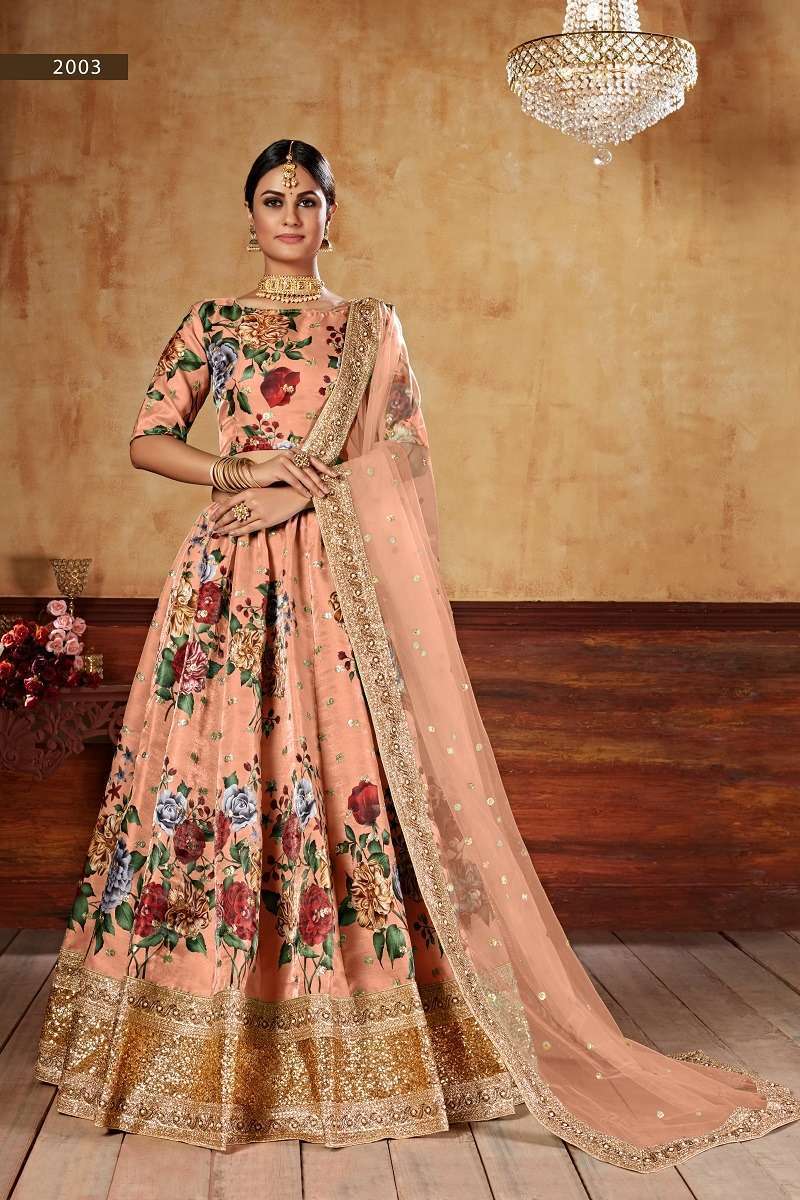 Lishvaa Vol-1 Orange Wedding Season Special Flower Printed Lehnaga Choli Wholesale collection in india