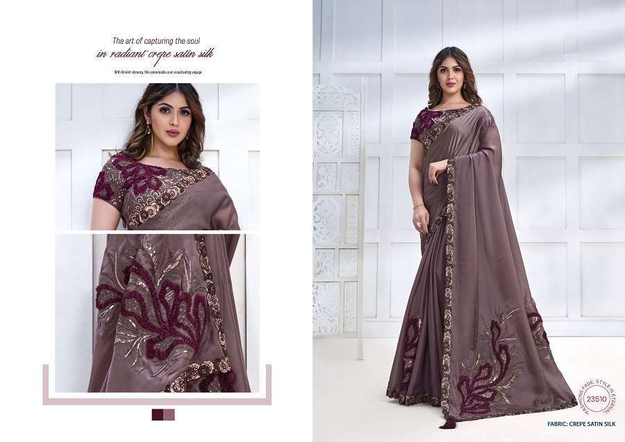 Mahotsav Mohmanthan Majestica Crepe Satin Silk Saree Embroidered Saree collection in surat