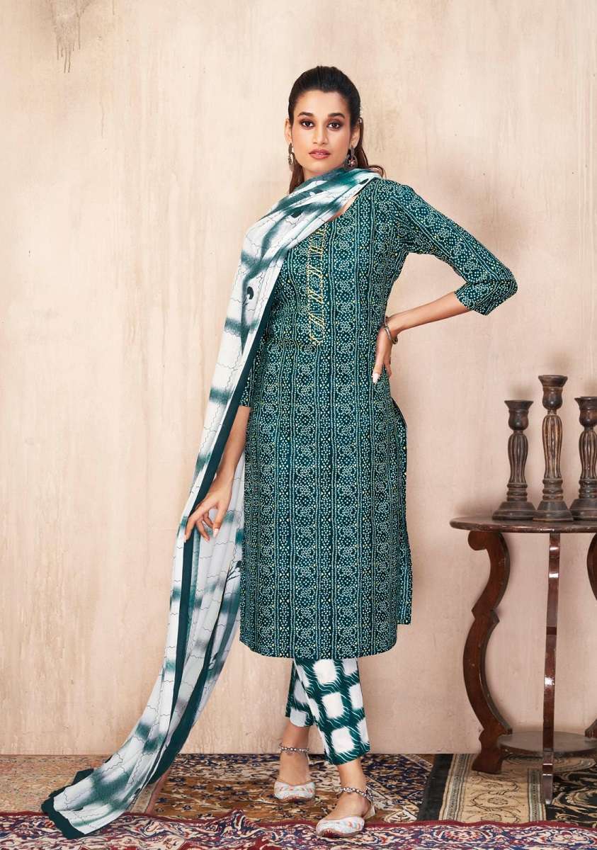 Suryajyoti Bandhani Lehriya Vol-4 Readymade Kurti Pant With Dupatta Wholesale collection in india