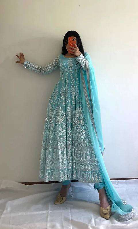 1094 Heavy Georgette Embroidered Anarkali Gown Cotton Kurti Palazzo