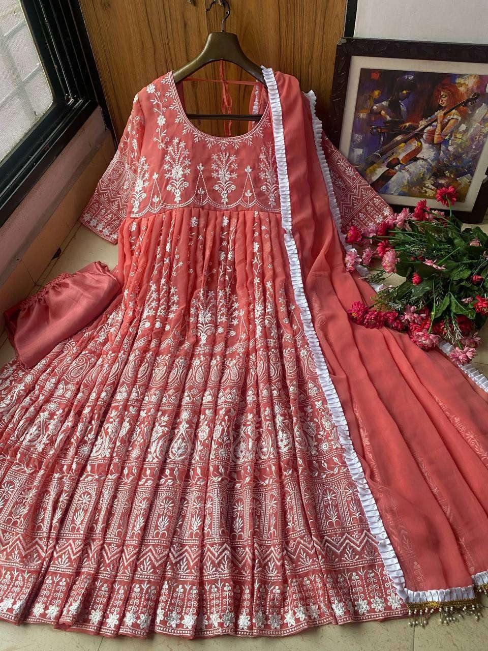 Buy Pink Floral Printed Anarkali Dress With Choker Dupatta Online - Aurelia