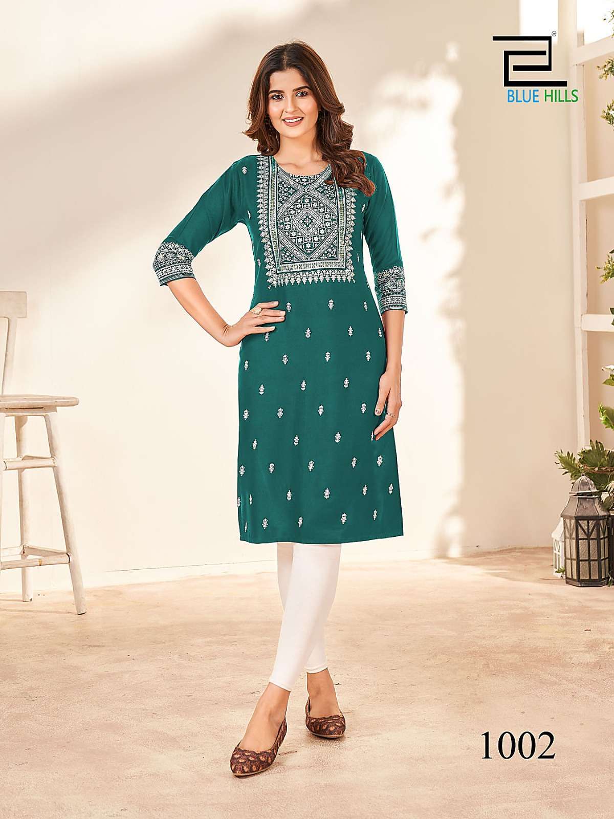 Blue Hills Peacock Rayon Foil Printed Kurti showroom in Gujarat