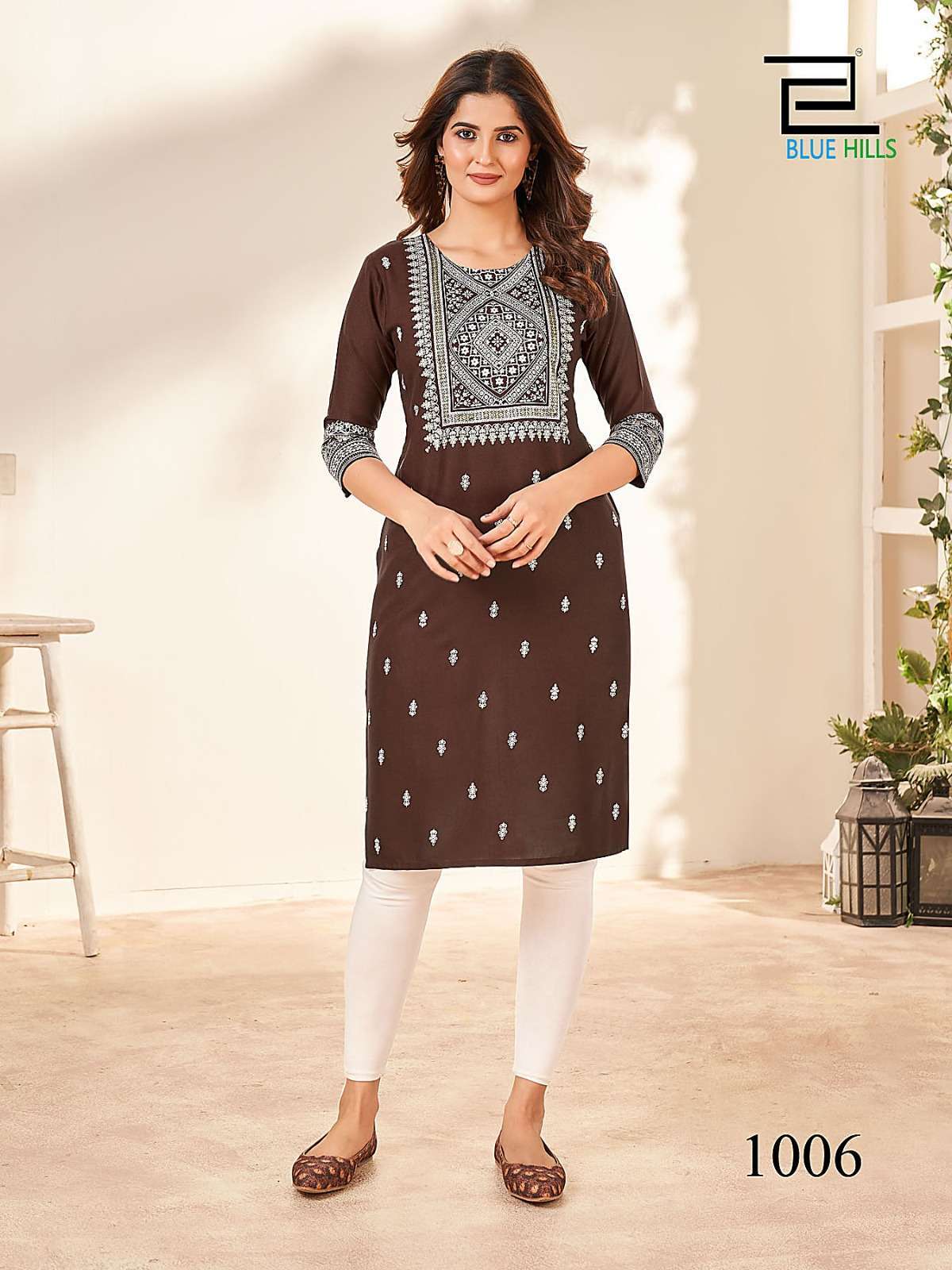 Blue Hills Peacock Rayon Foil Printed Kurti showroom in Gujarat