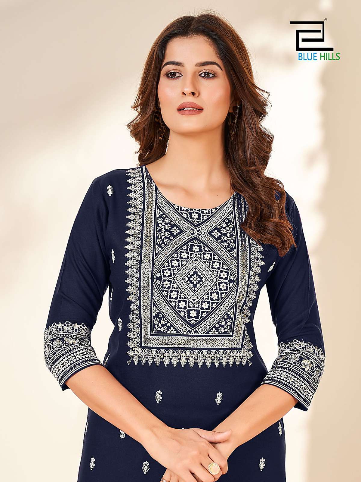 Blue Hills Peacock Rayon Foil Printed Kurti showroom in Gujarat