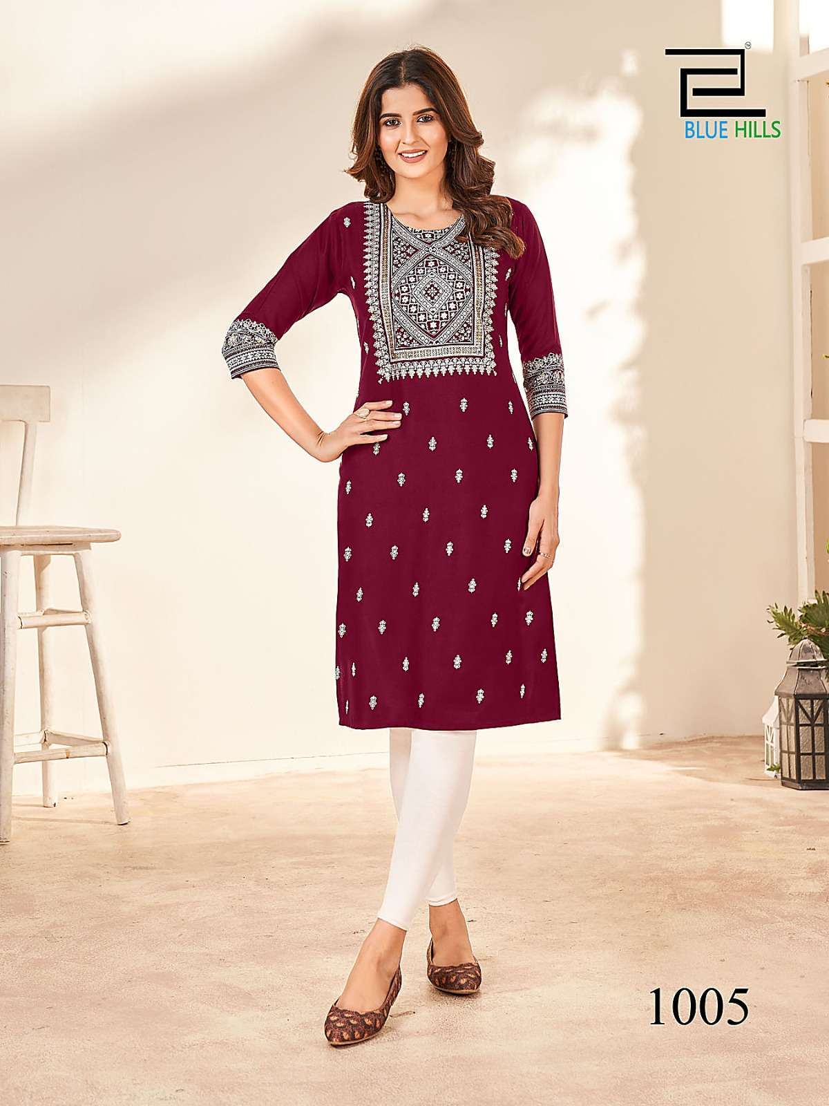Blue Hills Peacock Rayon Foil Printed Kurti showroom in Gujarat