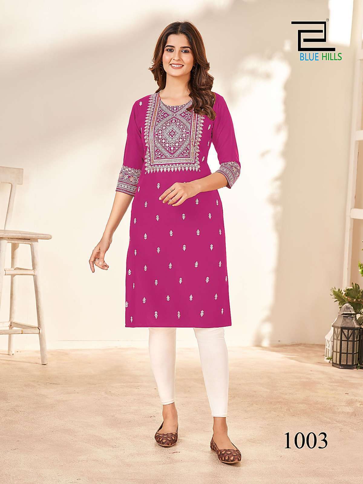 Blue Hills Peacock Rayon Foil Printed Kurti showroom in Gujarat