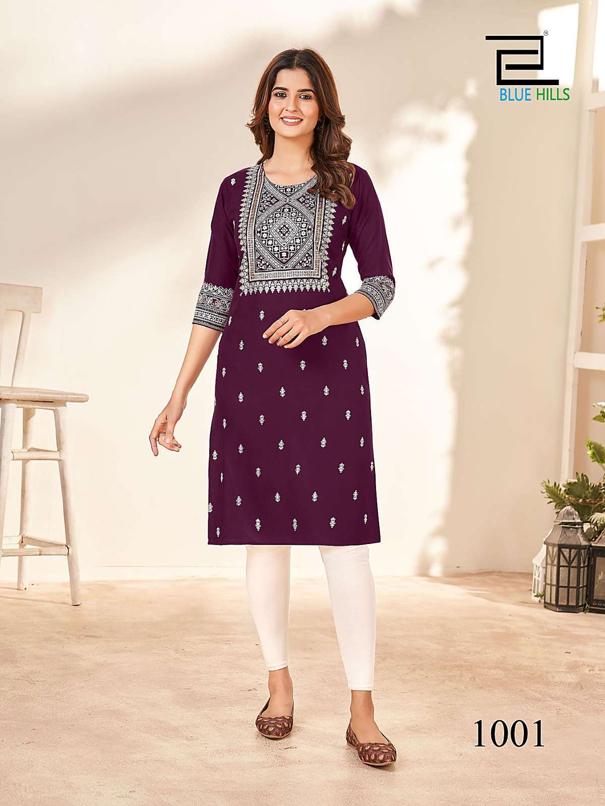 Blue Hills Peacock Rayon Foil Printed Kurti showroom in Gujarat