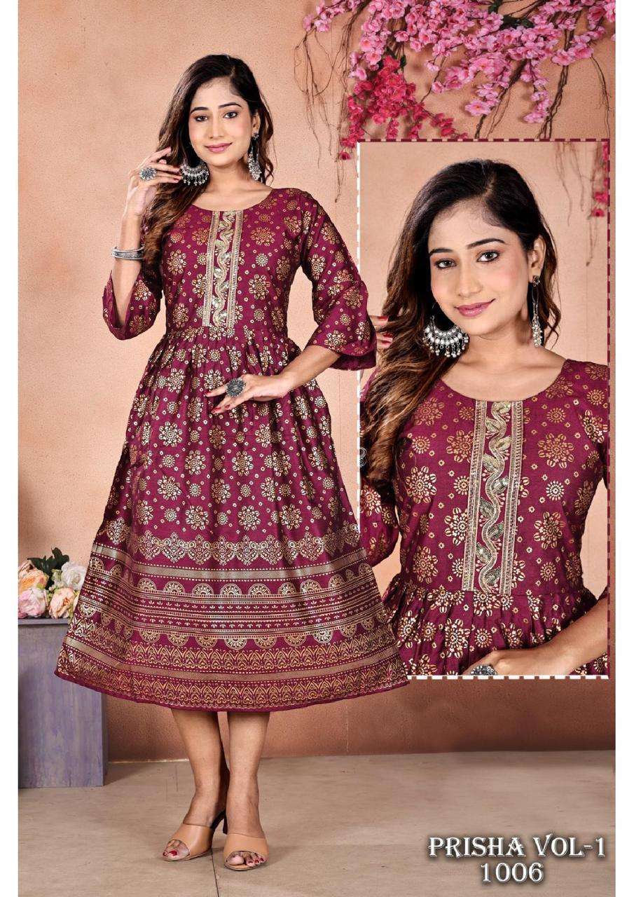 FT PRISHA VOL.1 GOLD PRINT GHERA Kurti Anarkali Kurti with Palazzo