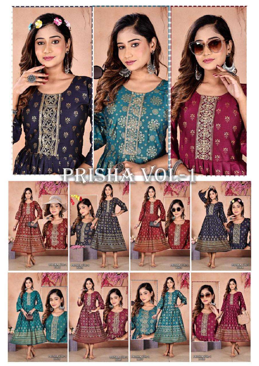 FT PRISHA VOL.1 GOLD PRINT GHERA Kurti Anarkali Kurti with Palazzo