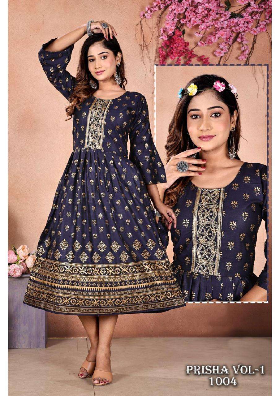 FT PRISHA VOL.1 GOLD PRINT GHERA Kurti Anarkali Kurti with Palazzo