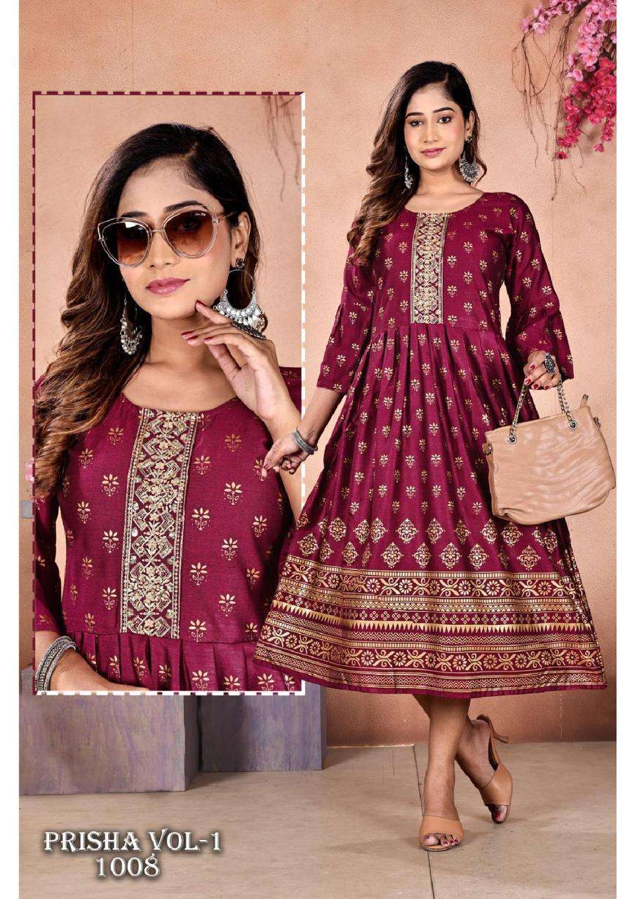 FT PRISHA VOL.1 GOLD PRINT GHERA Kurti Anarkali Kurti with Palazzo