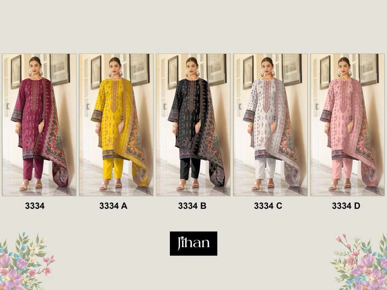 Jihan Bin Saeed 3334 Pure Lawn Printed Pakistani Suits Salwar Kameez Supplier in Gujarat