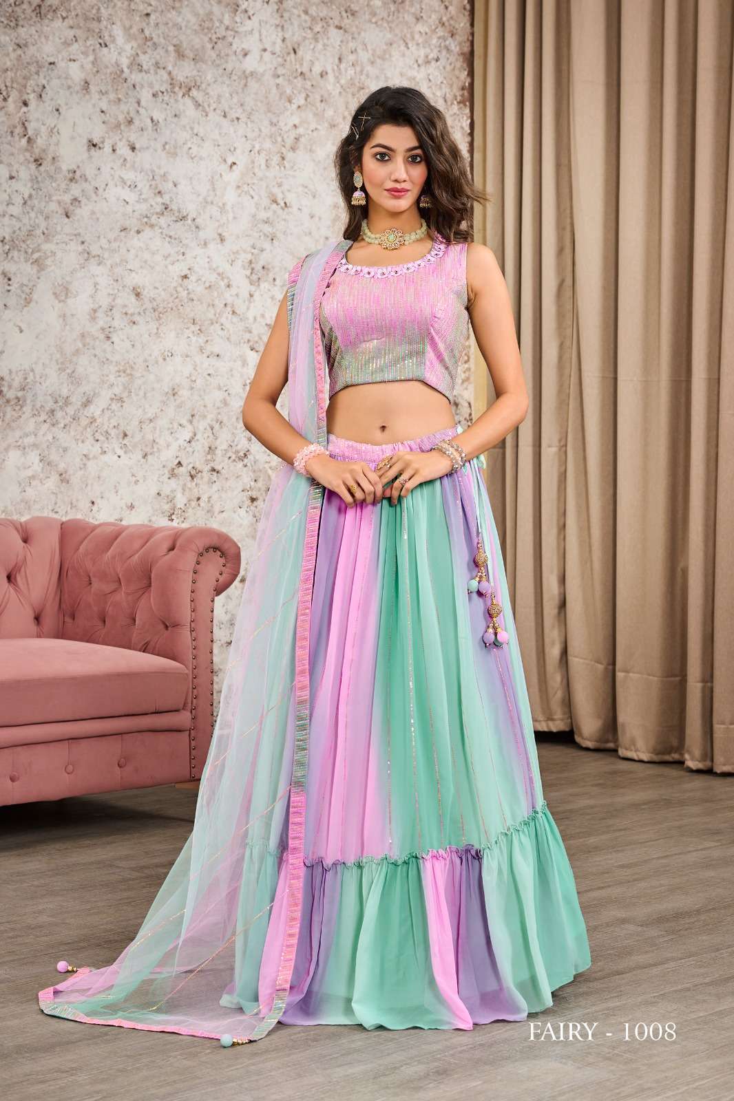 Buy Green Printed Silk Crop Top Lehenga Online At Ethnic Plus