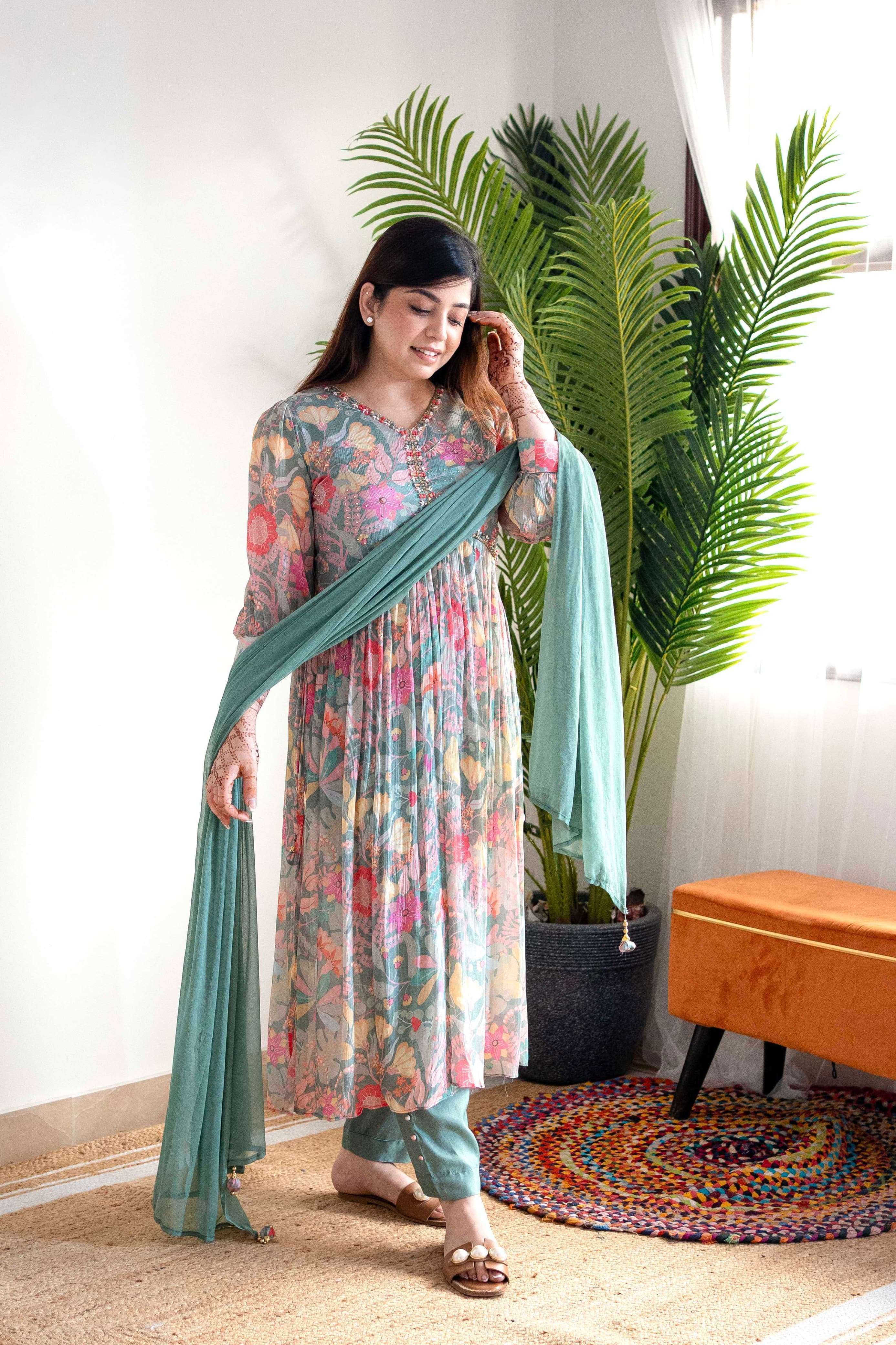 Mehera Green Chinnon Alia Cut Kurti Kurti wholesale market