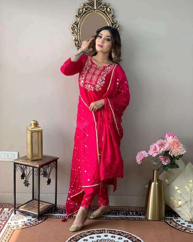 Nikita Red Rayon Slub Kurti Top Bottom With Dupatta Kapda Thread 