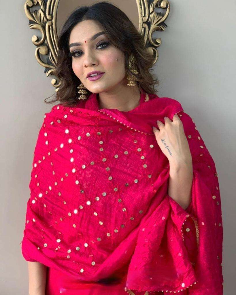 Nikita Red Rayon Slub Kurti Top Bottom With Dupatta Kapda Thread 