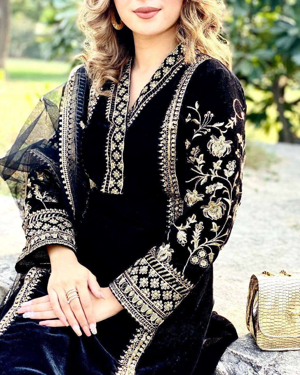 925 Velvet With Zari Embroidery Work Salwar Kameez Suppliers India