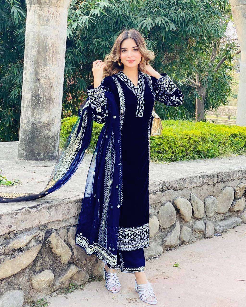 925 Velvet With Zari Embroidery Work Salwar Kameez Suppliers India