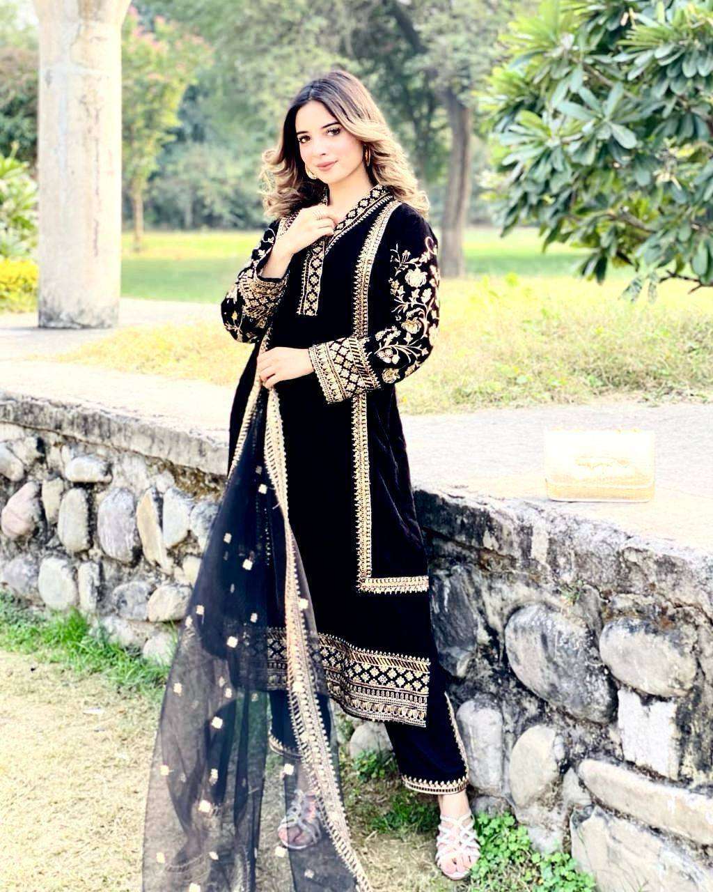 925 Velvet With Zari Embroidery Work Salwar Kameez Suppliers India