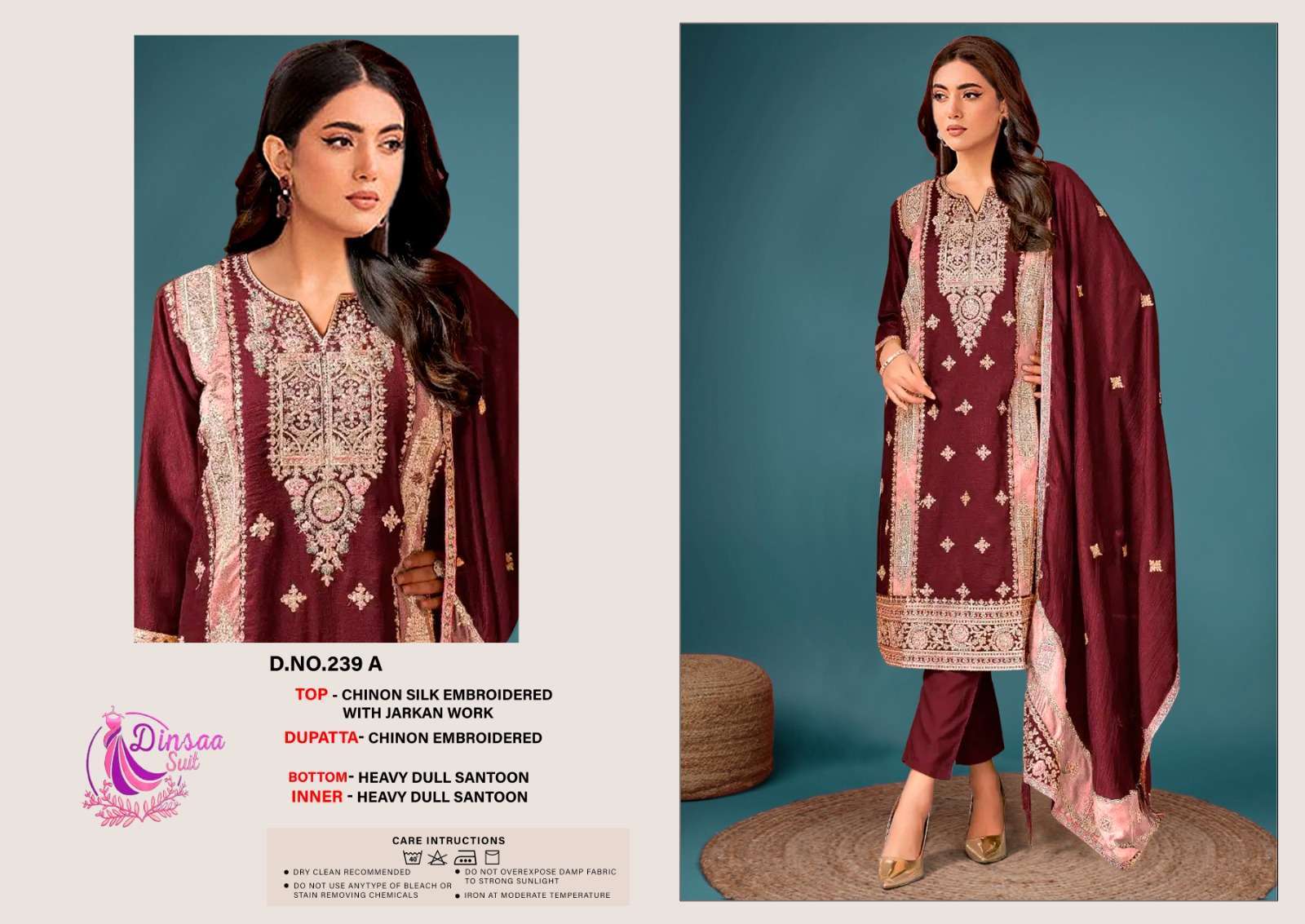 Dinsaa 239 Chinnon Silk Embroidery Surat Pakistani churidar suits