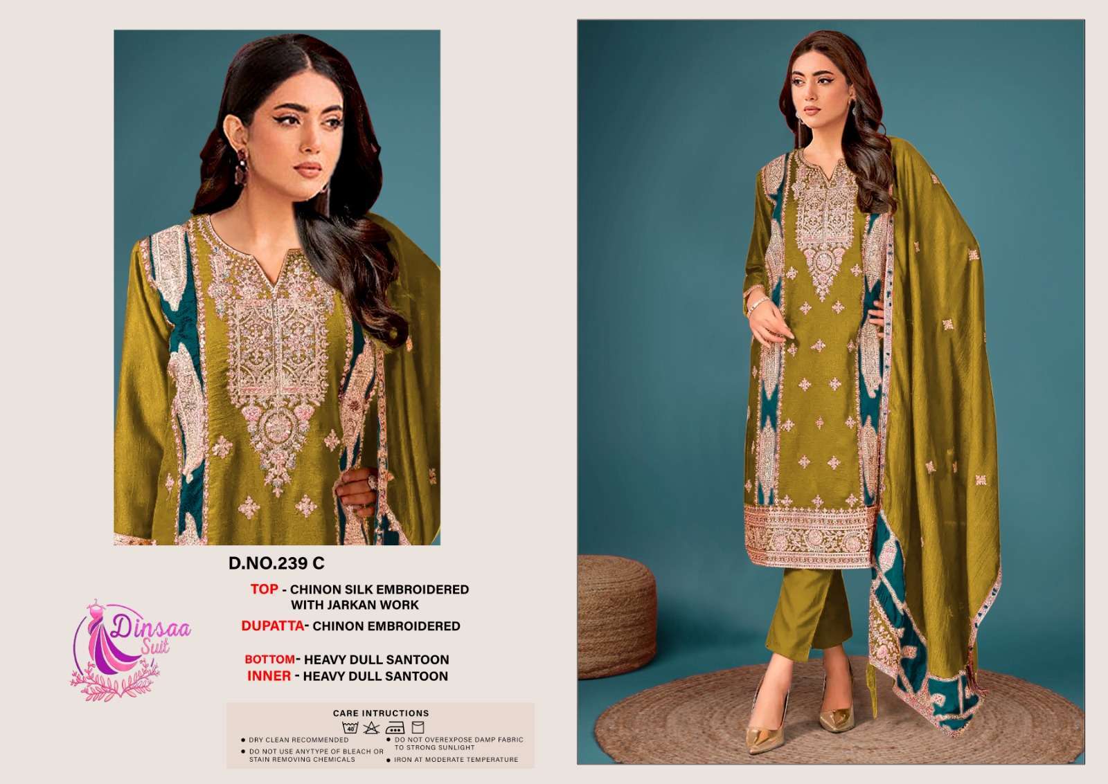 Dinsaa 239 Chinnon Silk Embroidery Surat Pakistani churidar suits