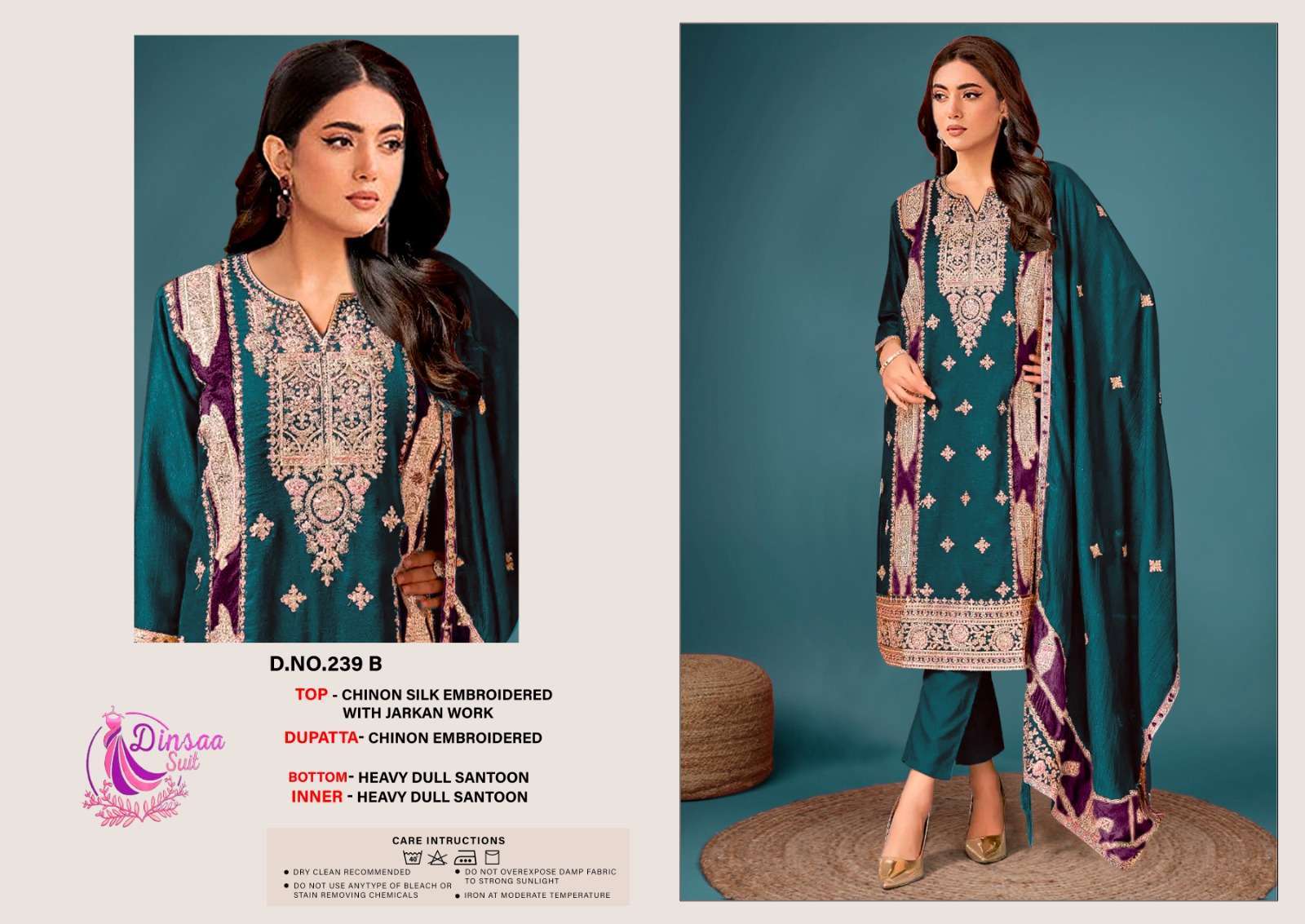 Dinsaa 239 Chinnon Silk Embroidery Surat Pakistani churidar suits