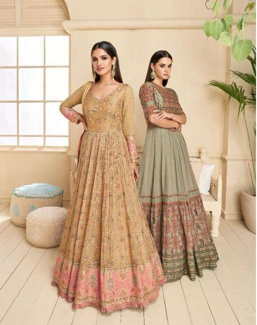 Party Wear Georgette Fabric Peach Color Mesmeric Embroidered Work Readymade  Anarkali Style Long Gown With Dupatta