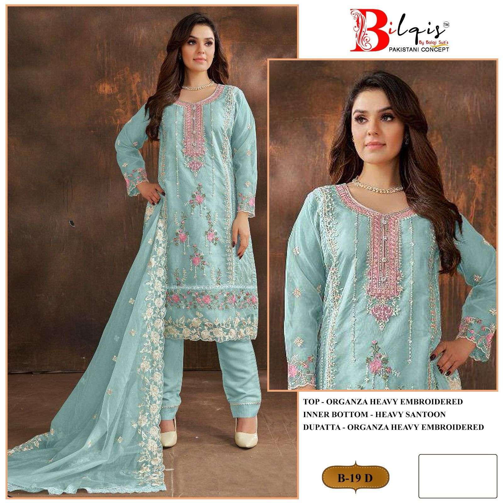 Bilqis B 19 A To D Organza Party wear salwar kameez wholesale