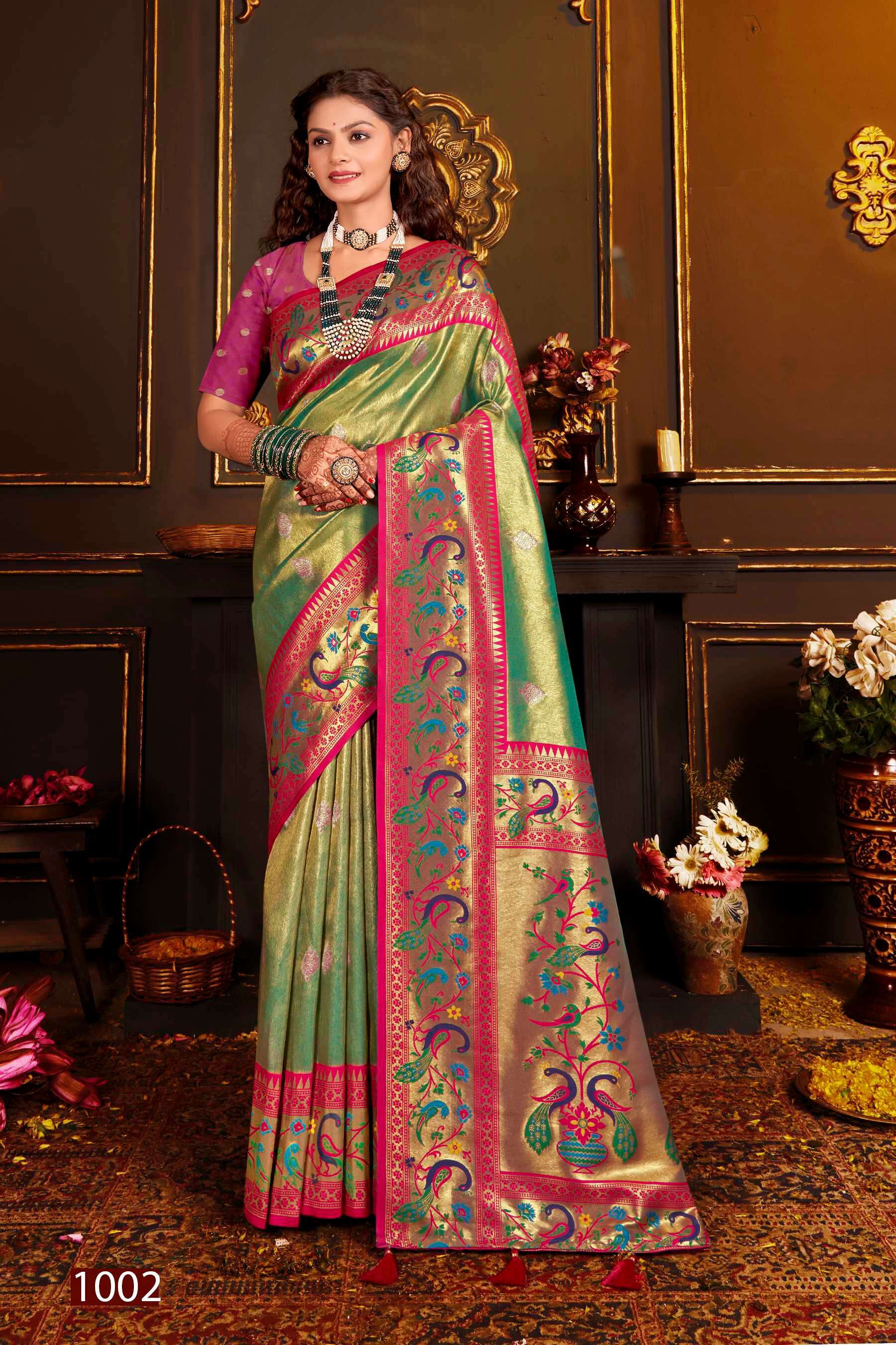 Saroj Kshimmer Silk-2 Heavy Satin Tissue Silk Rich Pallu  Surat designer sarees wholesale