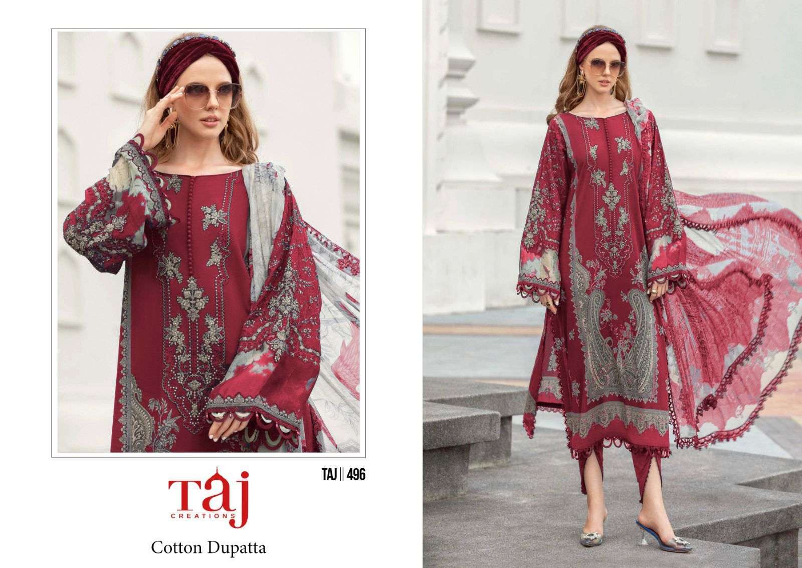 Taj 495 And 496 Chiffon Dupatta Hits Surat market wholesale straight suits