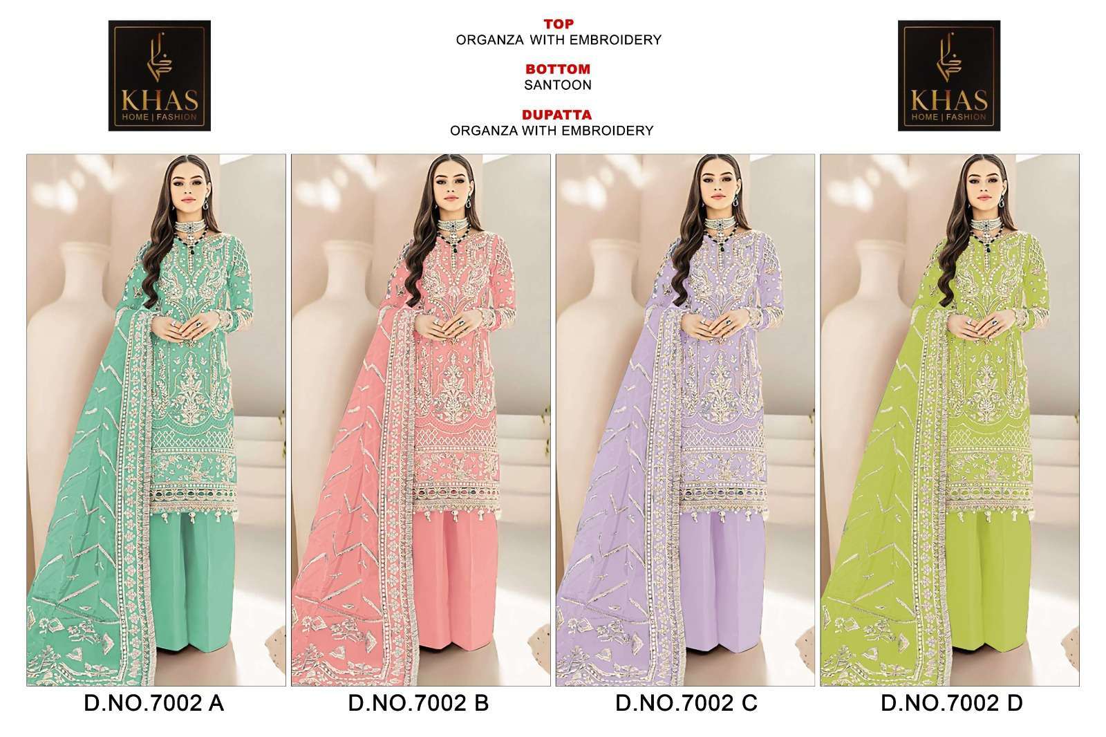Khas 7002 A To D Premium Organza Salwar suits manufacturers in Surat