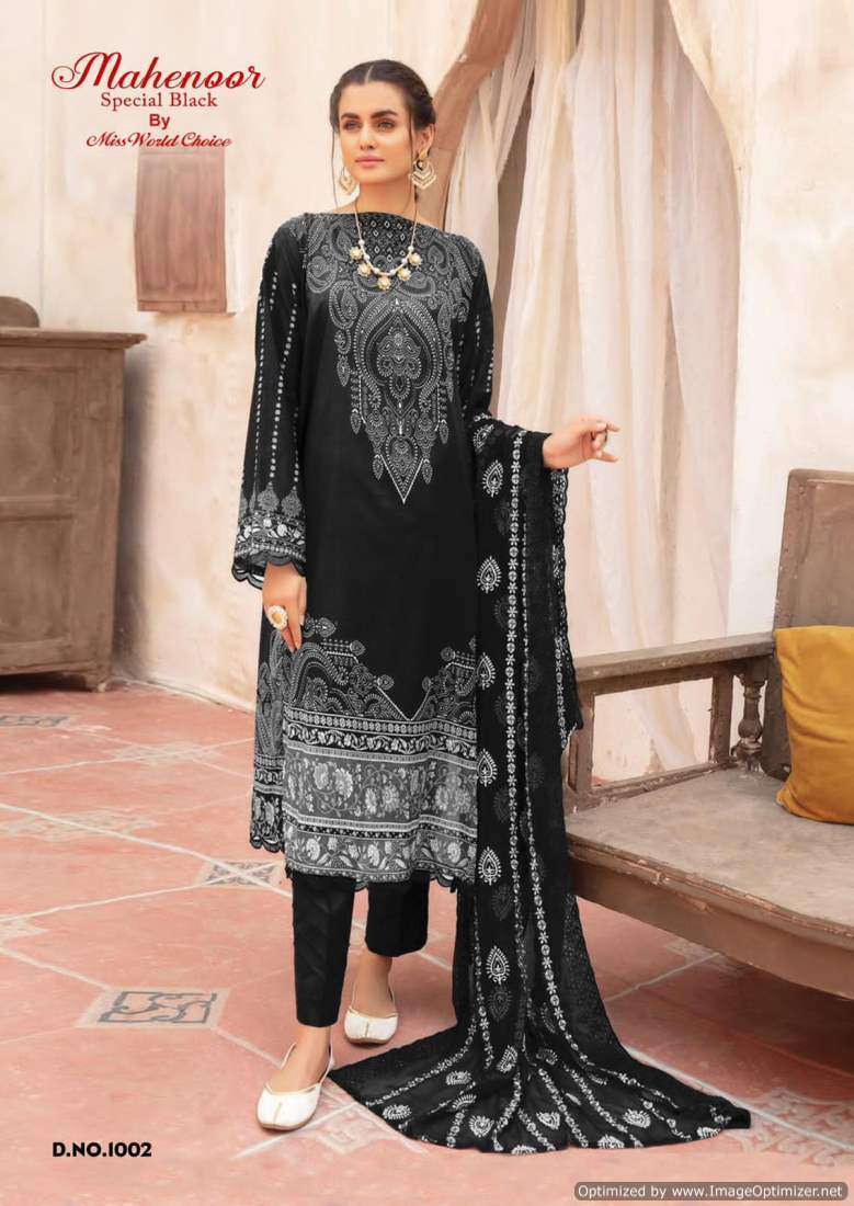 Miss World Mahenoor Black And White Cotton Printed Chiffon dress materials wholesale in Bangalore