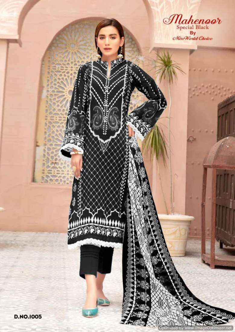 Miss World Mahenoor Black And White Cotton Printed Chiffon dress materials wholesale in Bangalore