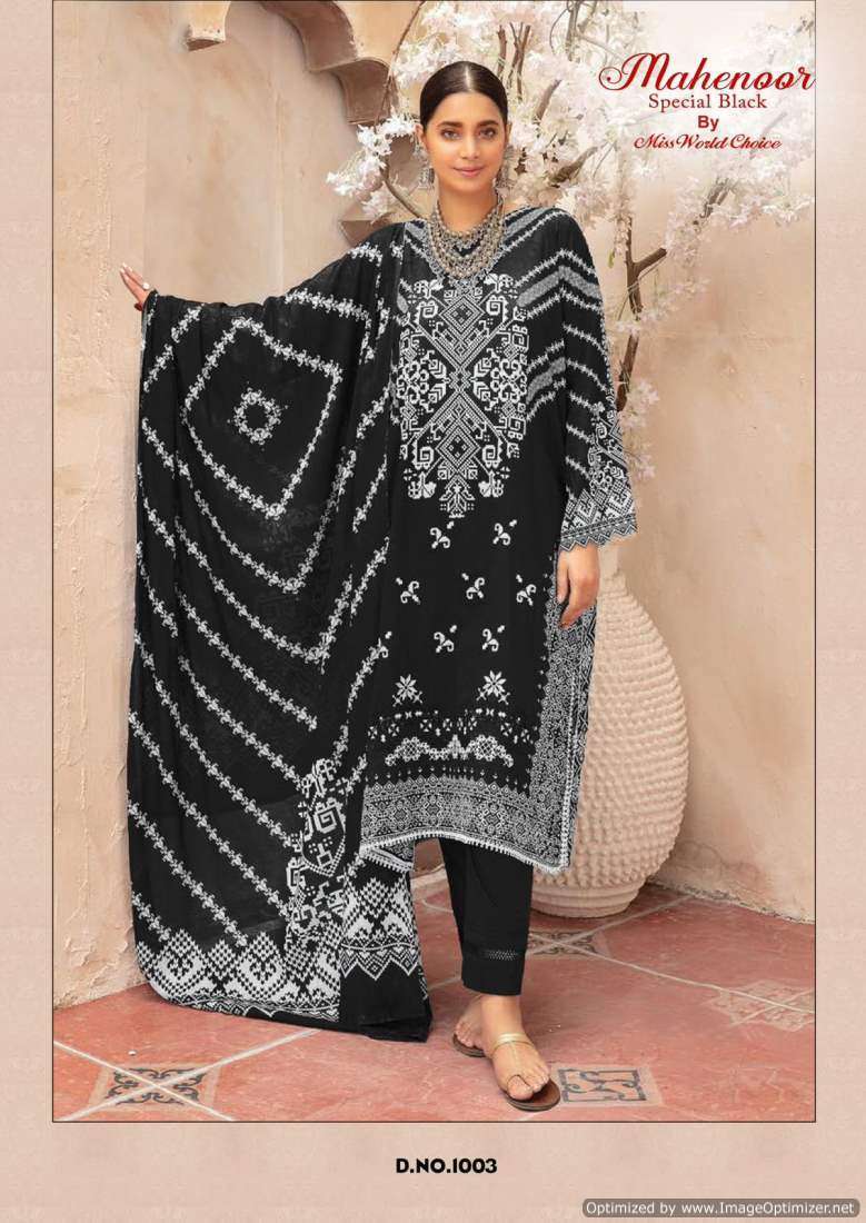 Miss World Mahenoor Black And White Cotton Printed Chiffon dress materials wholesale in Bangalore