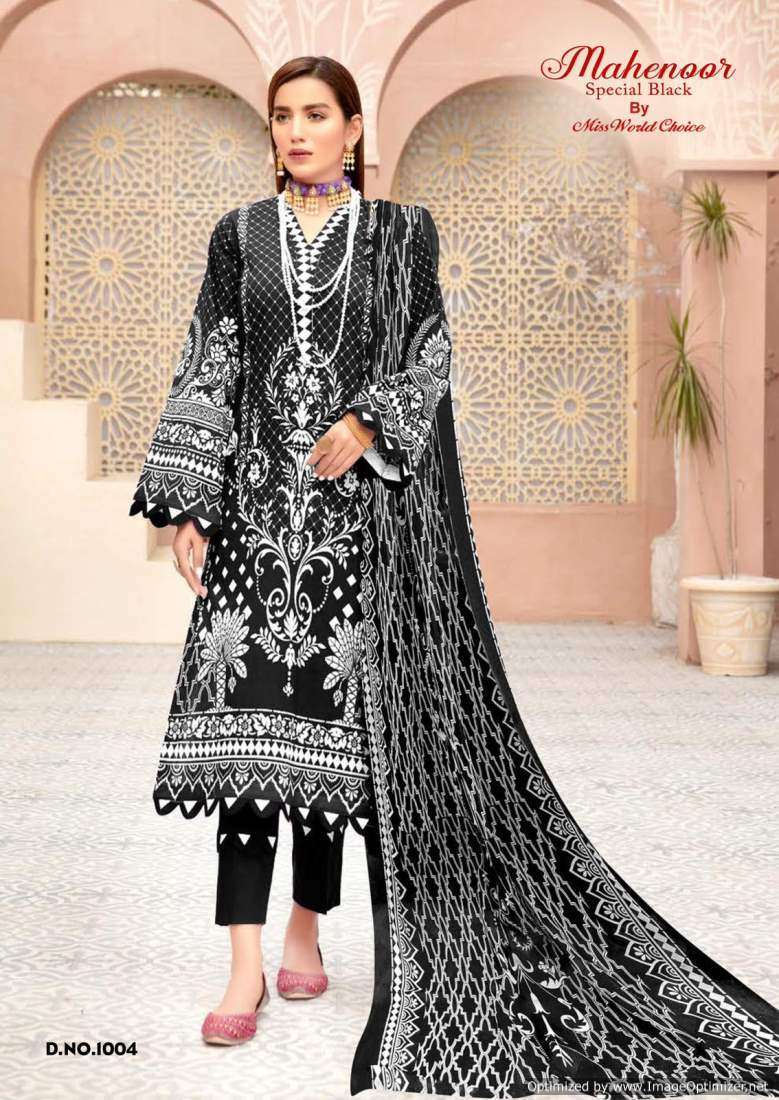 Miss World Mahenoor Black And White Cotton Printed Chiffon dress materials wholesale in Bangalore