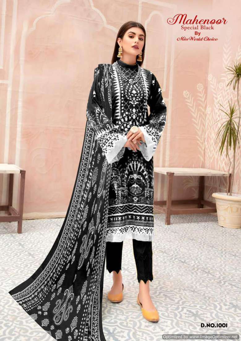 Miss World Mahenoor Black And White Cotton Printed Chiffon dress materials wholesale in Bangalore