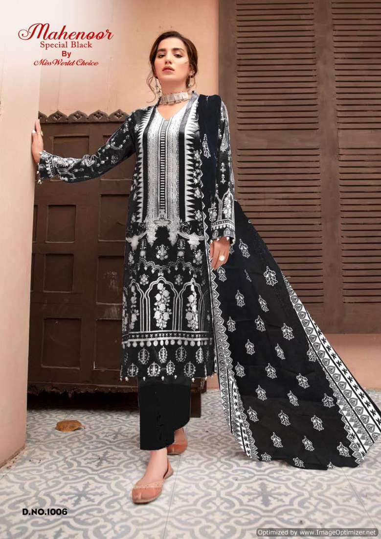 Miss World Mahenoor Black And White Cotton Printed Chiffon dress materials wholesale in Bangalore