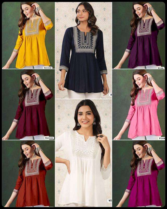 kapda thread Rayon Short length top with Embroidery Work inli kurti manufacturer and wholesaler surat gujarat