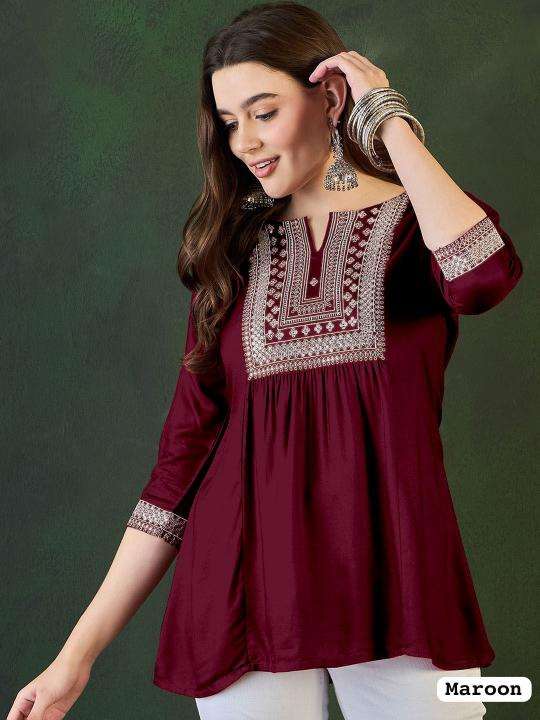 kapda thread Rayon Short length top with Embroidery Work inli kurti manufacturer and wholesaler surat gujarat