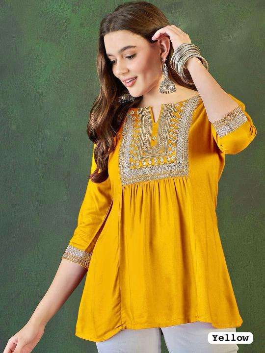 kapda thread Rayon Short length top with Embroidery Work inli kurti manufacturer and wholesaler surat gujarat