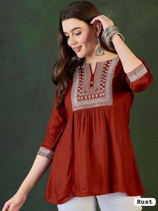 kapda thread Rayon Short length top with Embroidery Work inli kurti manufacturer and wholesaler surat gujarat